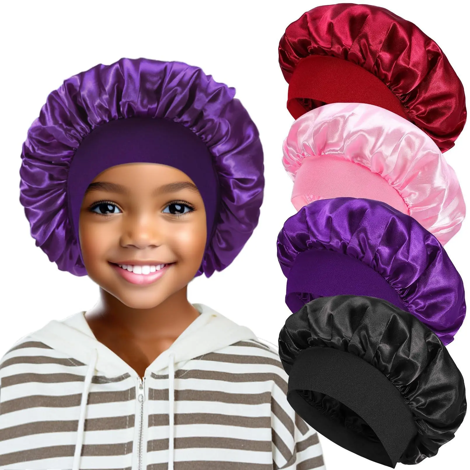 Kids' Bonnet Style Sleep Cap in Faux Silk Satin, Elastic Hair Cover for Toddlers for Night Time Hair Protection, Style 1, Bonnet Shape, Elastic Band, Child, Synthetic