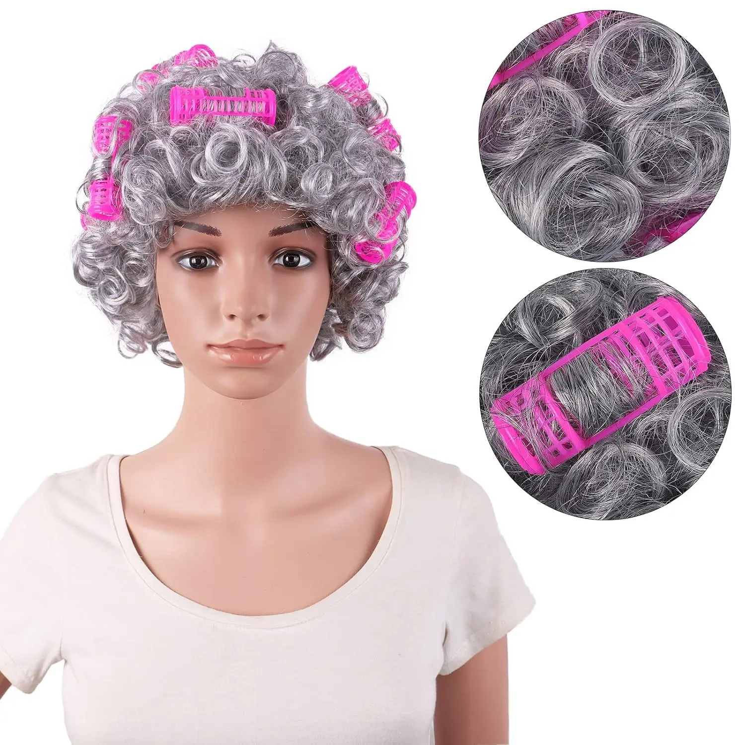 4 Inch (11 cm) Curly Silver Grey Granny Hair Wig with Rollers, Elderly Costume Cosplay Wig for Women(Gift)
