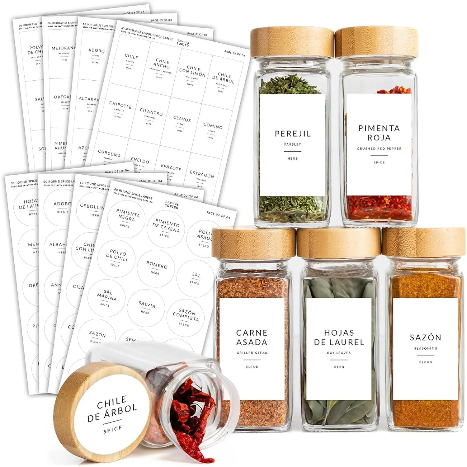 Seasoning Labels Stickers - 127 Preprinted Waterproof Spanish, Round-Rect. for Jars, Pantry Organizing