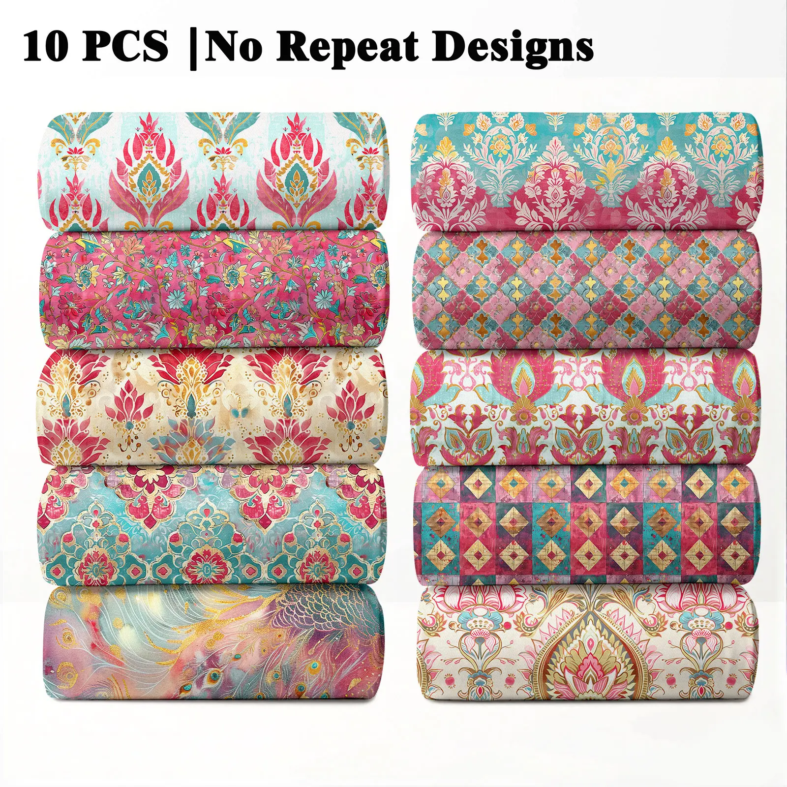 10PCS Indian Peacock Casual Fabric, 23x55cm (9x22in) Exotic Peacock Bohemian Ethnic Pattern Quilting Home Decor DIY