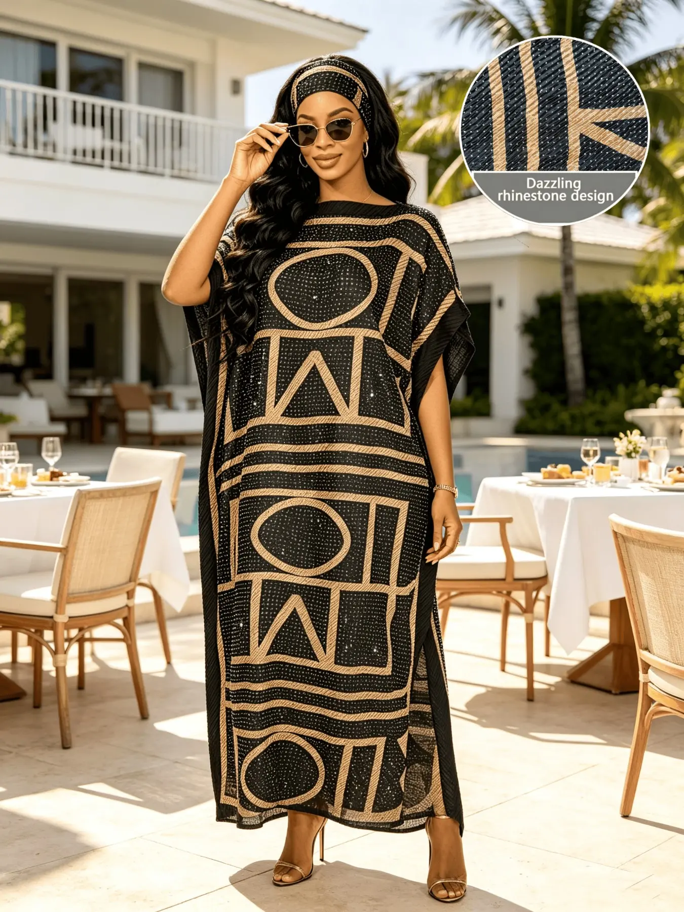 Glitter Rhinestone Animal Print Kaftan Two Piece Set, Oversized Split Long Maxi Dress, Elegant Sunset Gala Vacation Outfit With Matching Head Scarf, Suitable For Plus Size Ladies