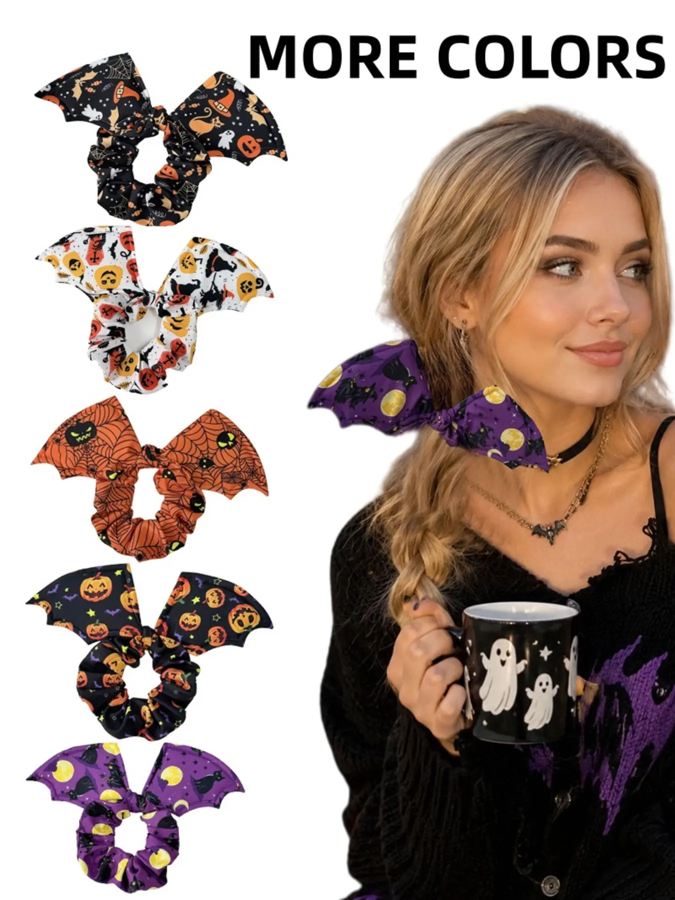 6 Pcs Halloween Bat Wing Bow Scrunchies, Fashion Cute Pumpkin Ghost Spider Web Print Elastic Hair Bands, Soft Stretch Non Slip Hair Accessories for Women Girls, Halloween Thanksgiving Christmas New Year Holiday Gift, Daily Sports Workout Cosplay Party Sch