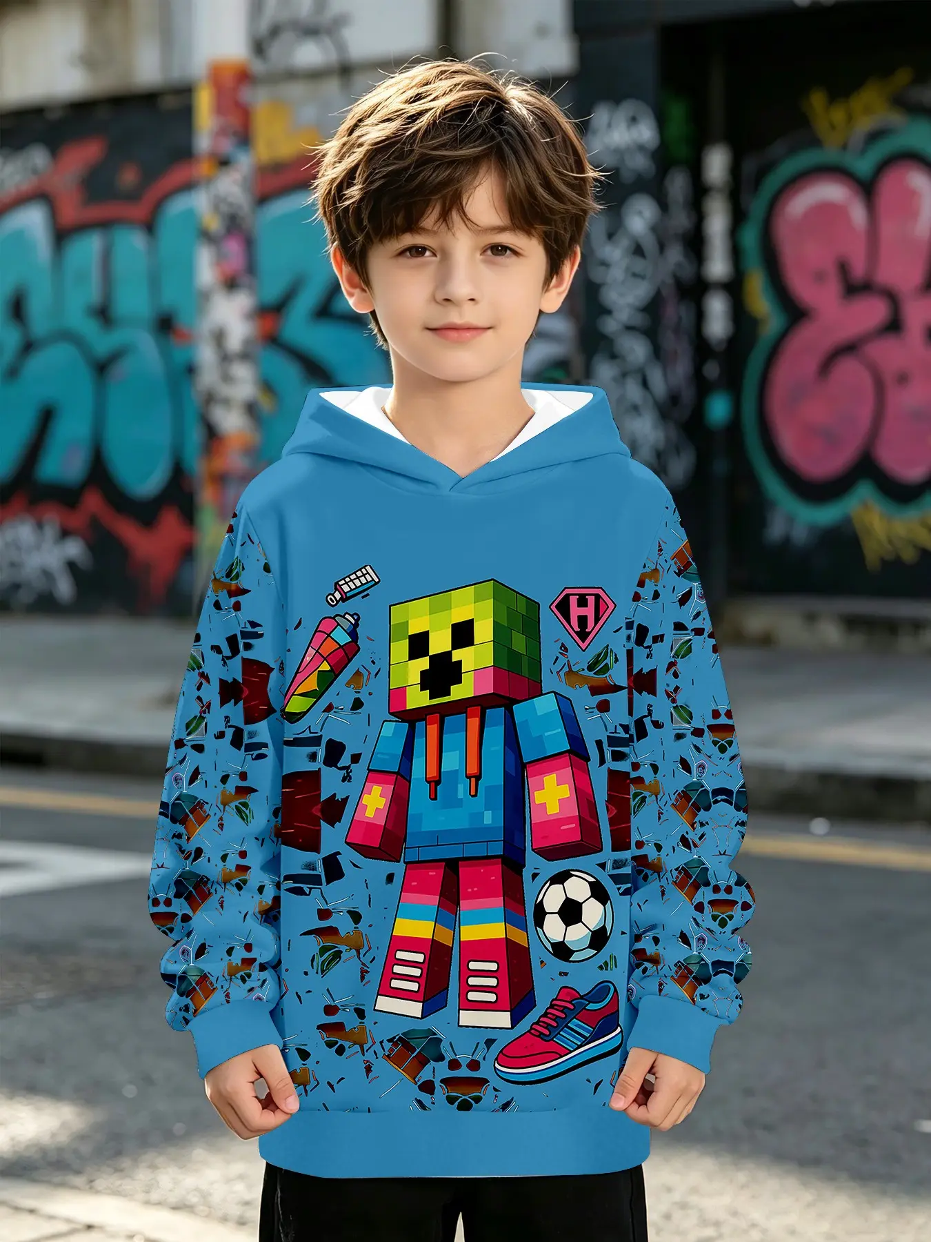 Sky Blue Pixel Creeper Block Man Print Boys' Hooded Sweatshirt, Long Sleeve Loose-Fit Casual Outer Vest for Fall & Winter