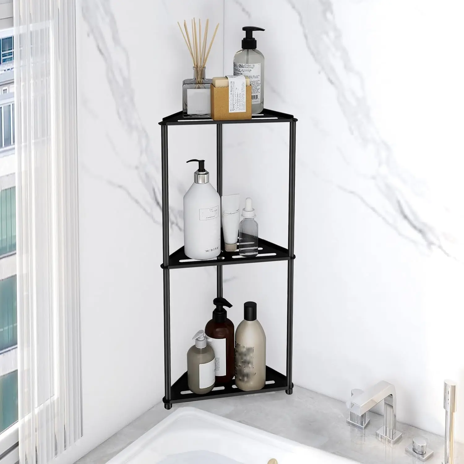 Standing Shower Caddy Corner, 3 Tier Stainless Steel Shower Organizer Stand, Rustproof Corner Shower Shelves, Corner Shower Caddy Bathroom Shower Stand, Black