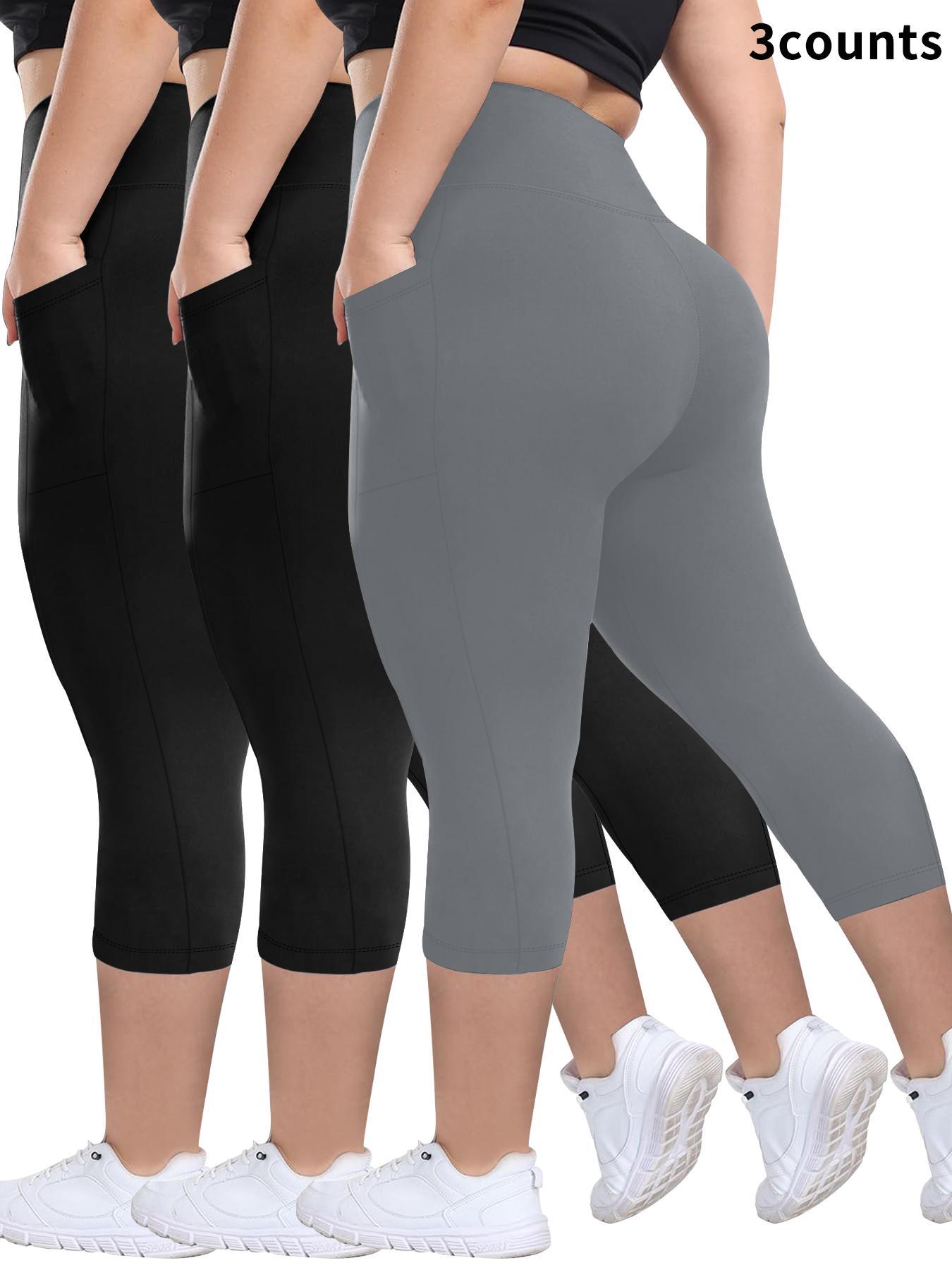Plus Size Plain Pocket High Waist Capris Leggings, High Stretch Leggings, Casual Comfy Breathable Skinny Capri Pants for Daily Wear, Women's Plus Bottoms for Summer, Workout Clothes