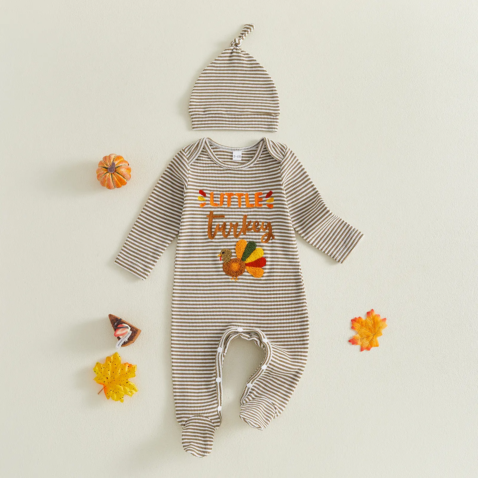 Canrulo Newborn Baby Boy Thanksgiving Outfits Striped Long Sleeve Turkey Embroidery Romper with Hat 0-9M