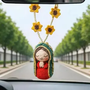 Handmade Crochet Jesus Our Lady of Guadalupe Car Hanging Ornament Catholic Guardian Rearview Mirror Pendant Christian Auto Decor Gift for New Driver