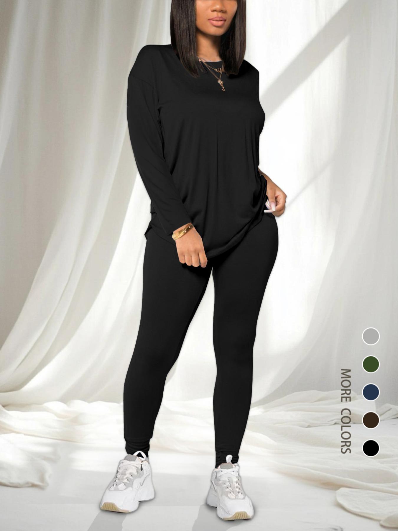 Women's Solid Drop Shoulder Tee & Elastic Waist Skinny Pants Two-piece Set, Basic Casual Fashion Cozy Round Neck Long Sleeve T-shirt & Trousers for Daily Outdoor Wear, Women's Clothing for Spring & Fall