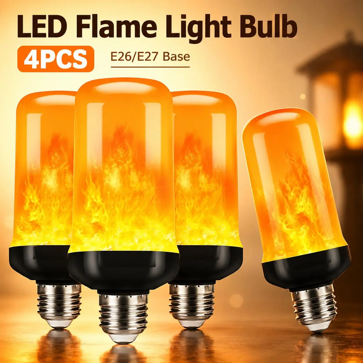 E26/E27 5W LED Flame Effect Bulb, 4-Mode Flickering Fire Light with Gravity Sensor Upside-Down Effect for Bedroom, Party, Halloween & Home Decor