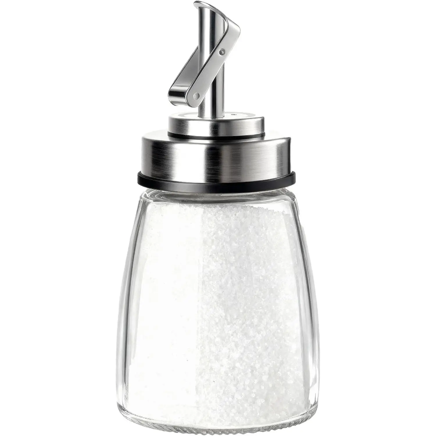 TIWPAJS Glass Sugar Dispenser with Stainless Steel Lid, Automatic Pour Spout, Sugar Container for Coffee Bar, Sugar Jar, Sugar Bowl, Salt Shaker, 6OZ