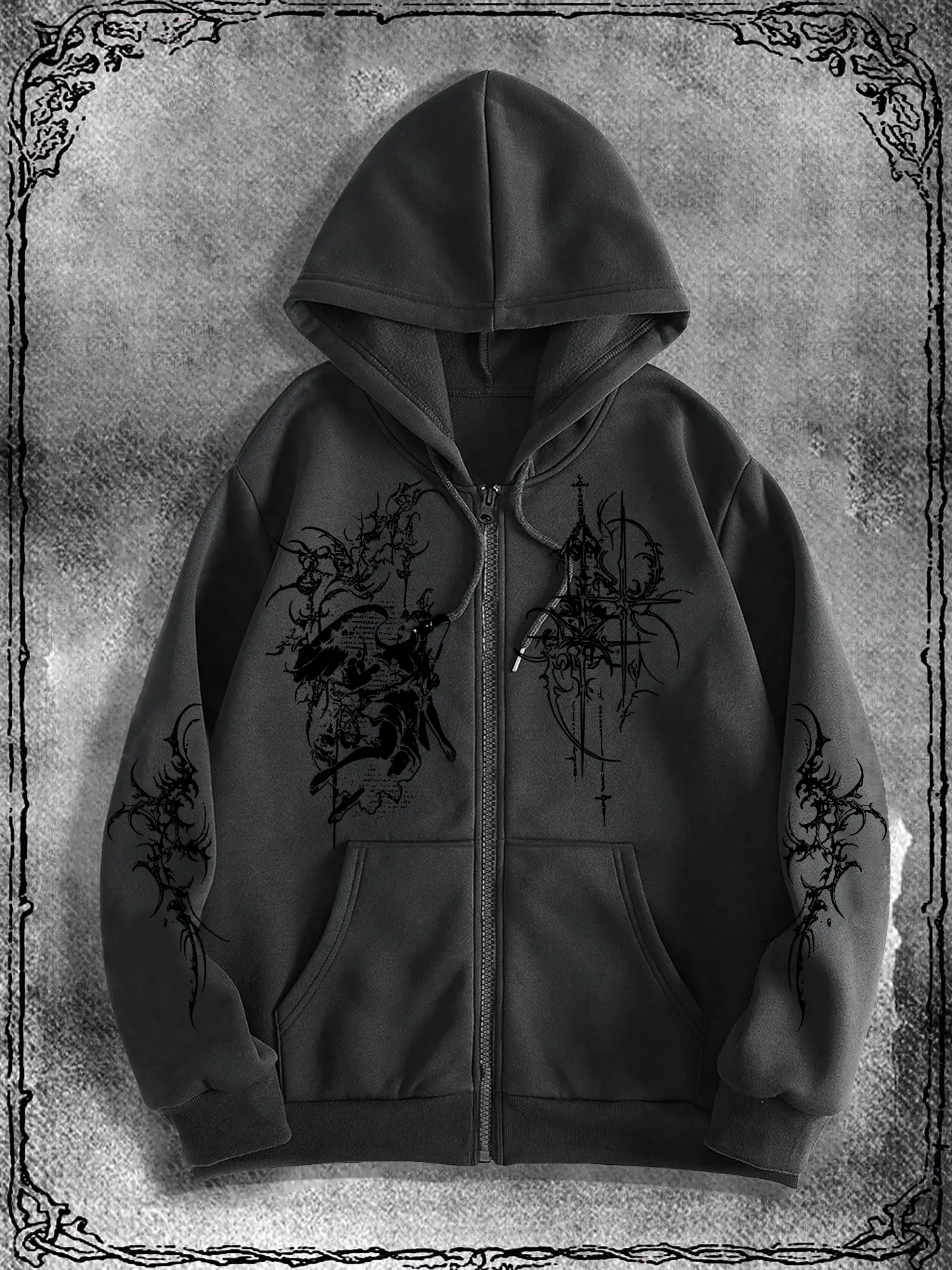 Men's Gothic Angel Dark Style Print Hoodie, Fashion Streetwear Zipper Hooded Sweatshirt, Casual Fall & Winter Long Sleeve Fitted Design