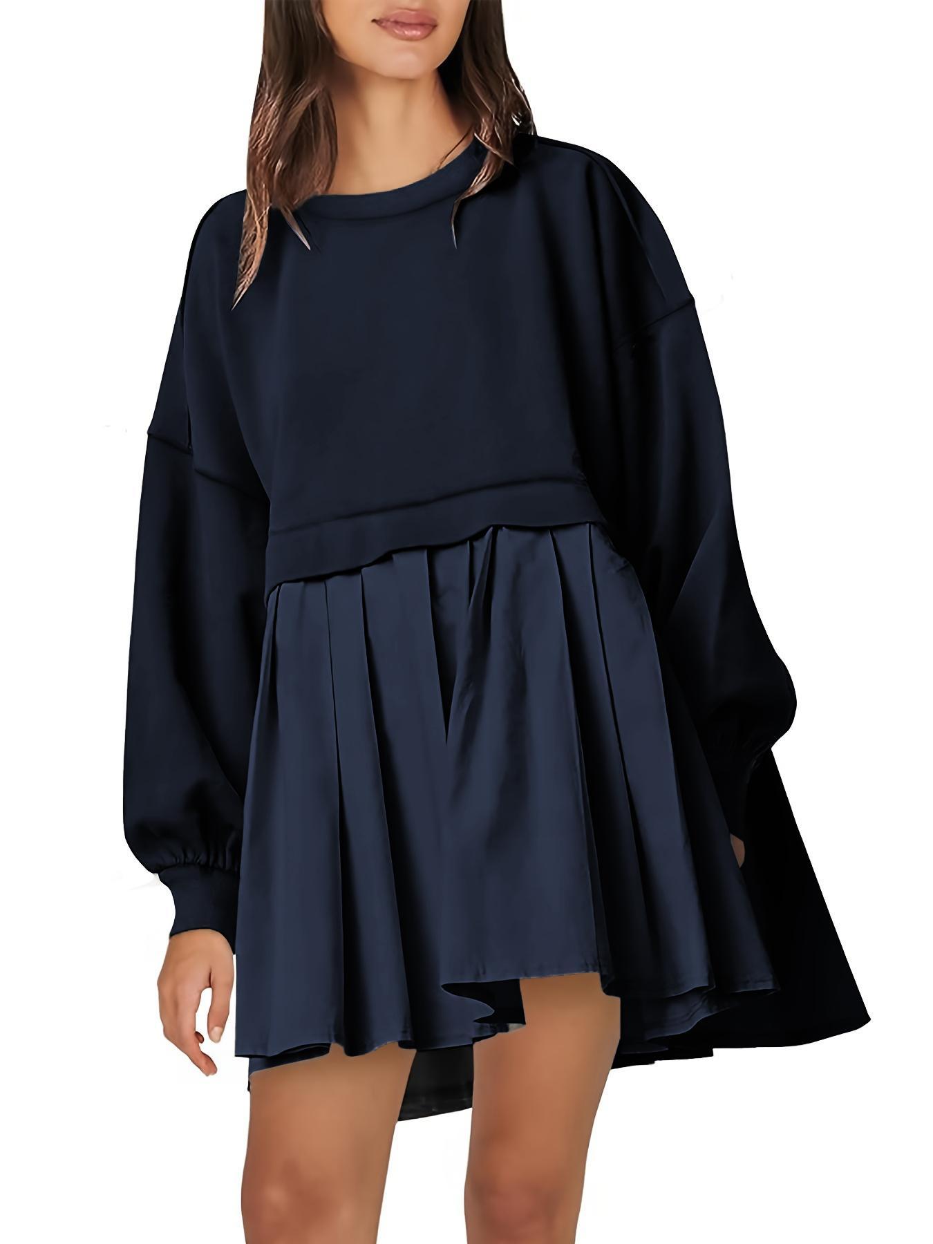 【Plus Size】 Solid Color 2 in 1 Smock Dress, Casual Basic Drop Shoulder Long Sleeve Fitted Short Dress for Fall & Winter, Women's Clothes for Daily Wear, Womenswear