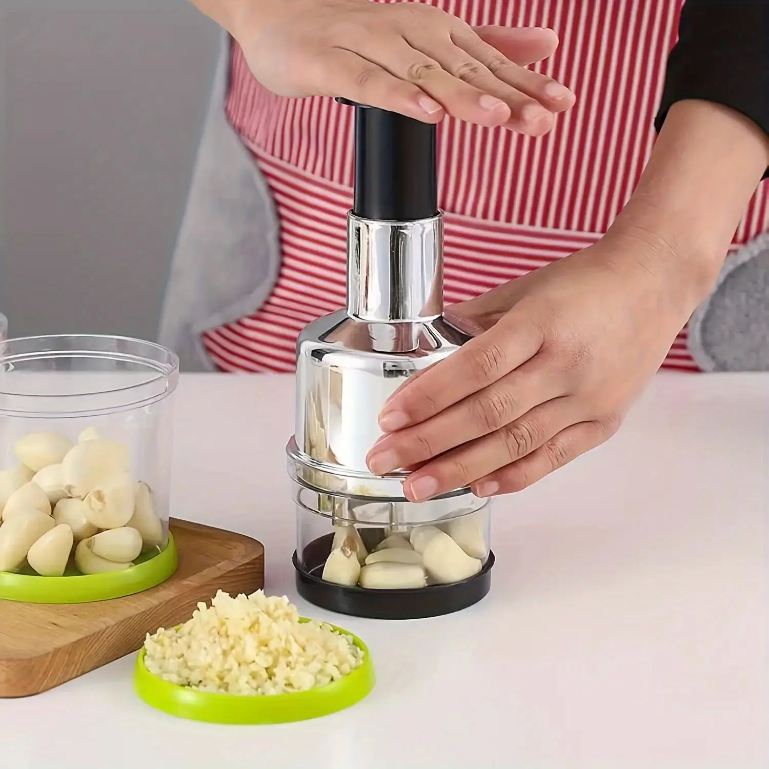 Stainless Steel Manual Multifunctional Food Chopper, Kitchen Vegetable Chopper, 5-In-1 Onion Garlic Nut Vegetable Cutter, Dishwasher Safe, Splash-Proof, Ideal for Salad Cooking Prep
