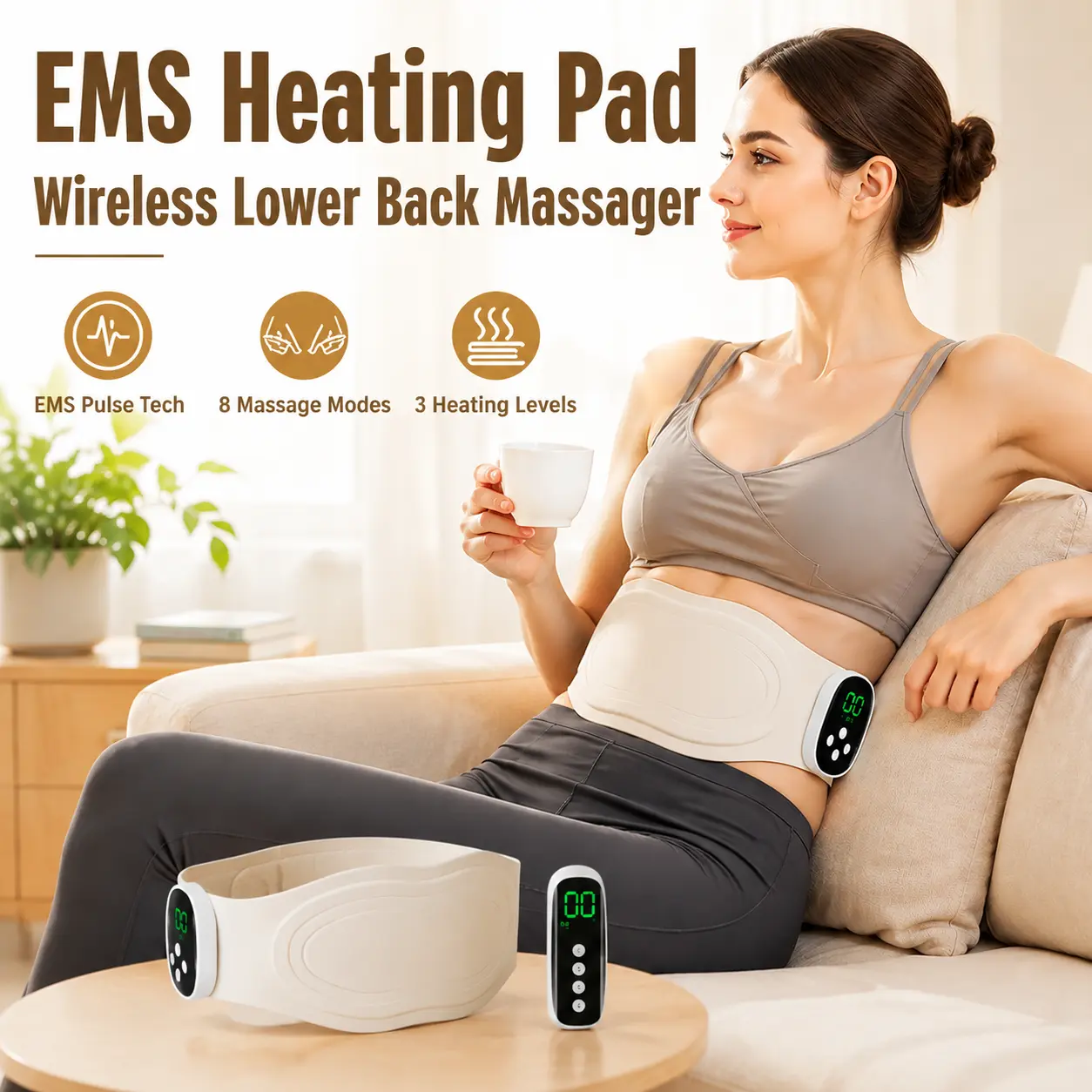 Cordless Lower Back Heating Pad with Remote Control, Magnetic Host, 8 Modes, 19 Intensity & 3 Heating Levels-5549
