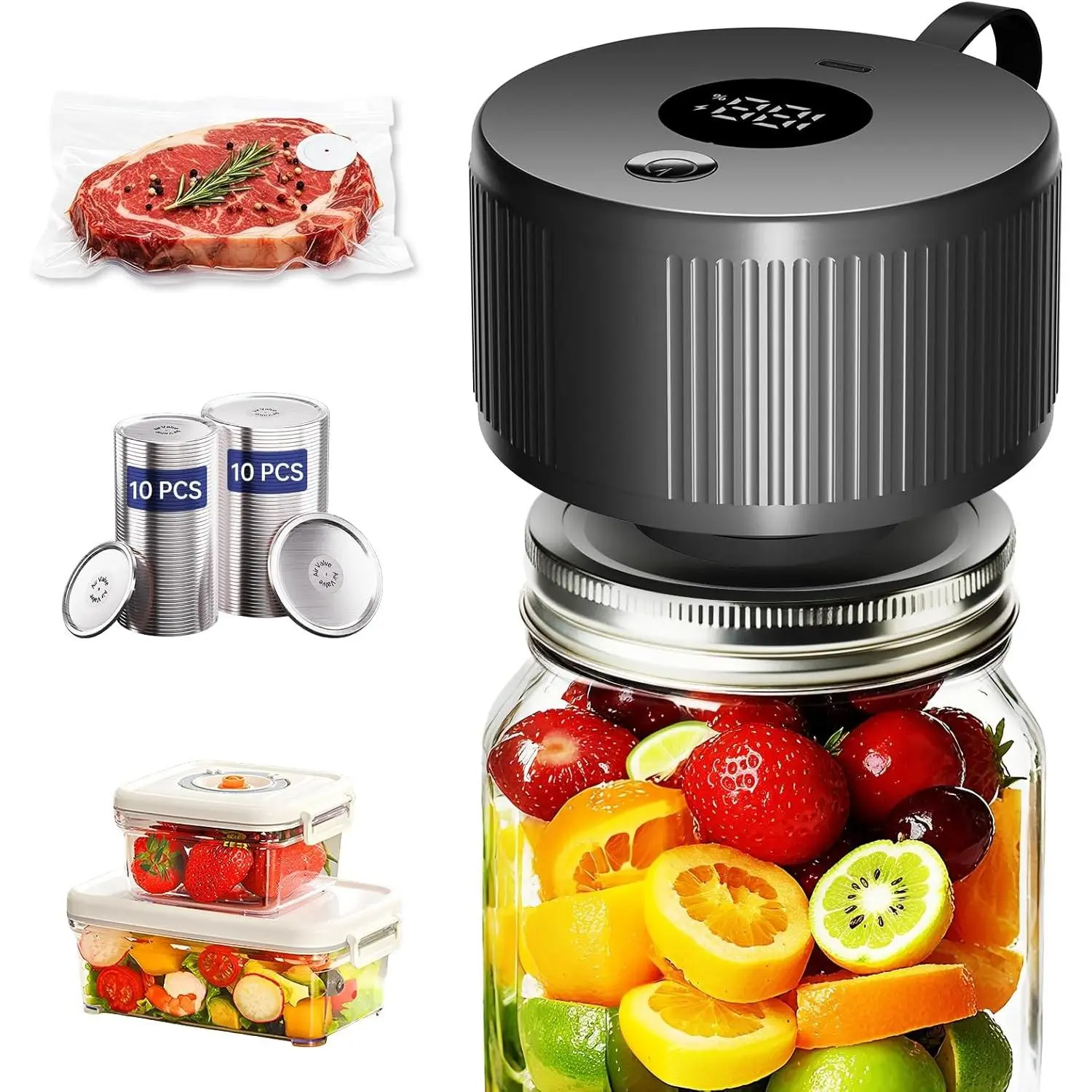 Black 3-in-1 Handheld Automatic Electric Mason Jar Vacuum Sealer Kit with Automatic Sealing, for Jars, Food Savers, Containers, Ideal for Canning Jams, Pickles, Dry Foods, Great Gift for Mom