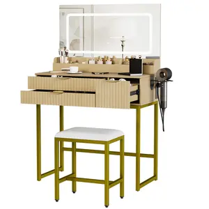 Modern Vanity Desk with LED Mirror, Glass Top, 3 Drawers, Storage Shelves, Power Outlet & Stool, Makeup Table for Bedroom