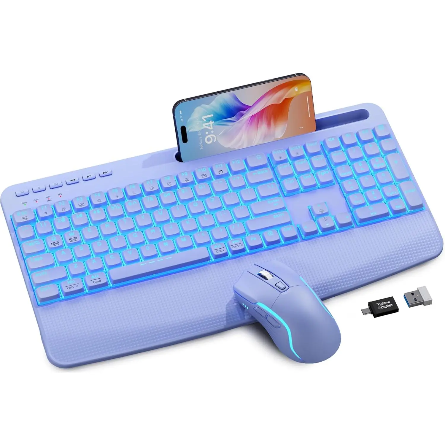 Keyboard and   Combo, 4000mAh Rechargeable Backlit Quiet Keyboards mice Set, USB  Key Board with Wrist Rest & Phone Holder for PC, , Windows,  Soft Typing