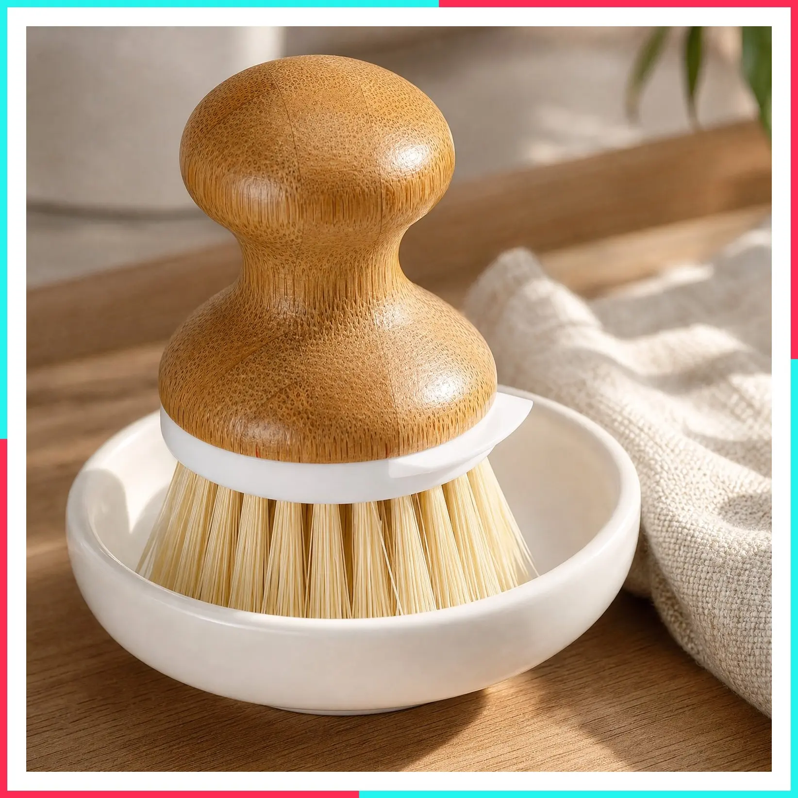 Bamboo Dish Brush with Natural Sisal Bristles and Built-in Scraper, 1 Pack with Ceramic Holder - Wooden Vegetable Dishwashing Brush for Dishes, Pans, Pots