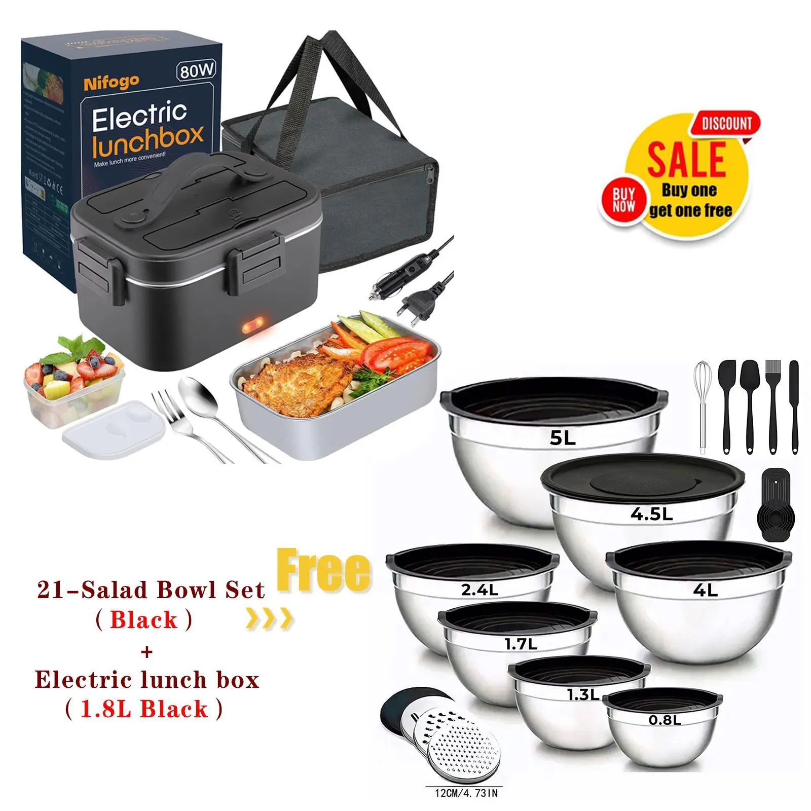 Nifogo Value Bundle Tableware Set - Stainless Steel Salad Bowls, 1.8L Electric Heated Lunch Box, Practical Kitchen Lunch Box Set for Daily Meals