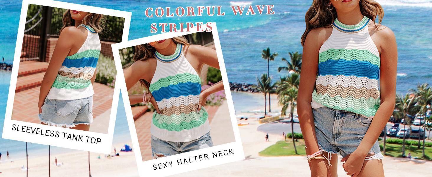 Imily Bela Women’s Halter Neck Sweater Vest Color Block Sleeveless Loose Knit Tank Top Summer Cute Casual dressy tops Cami Comfort tank tops