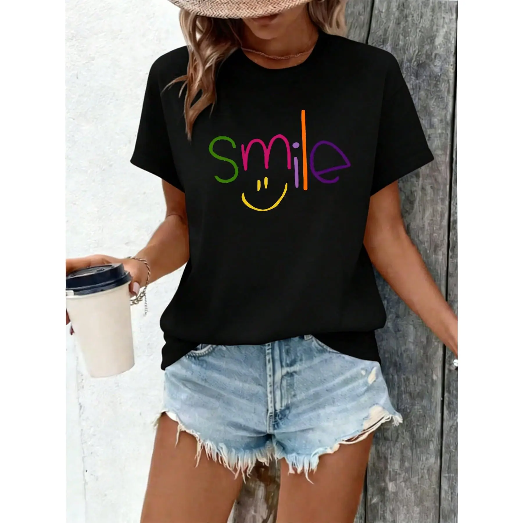 100% Cotton Unisex Round Neck Tee, Colorful Hand Drawn Smile Letter Face Chest Graphic Loose Casual Top, Rainbow Positive Happy Quote Print For Women Daily Soft Breathable Summer Gift, Non-Washed Fabric