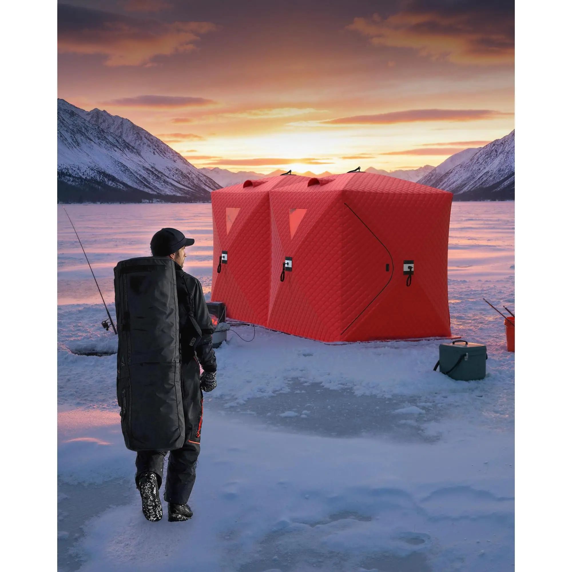 Insulated Pop Up Ice Fishing Tent for 6-8 Persons – Portable Hub Shelter, Windproof 210D Oxford, Includes Anchors, Ropes & Carry Bag – Warm Winter Outdoor Camping Tent