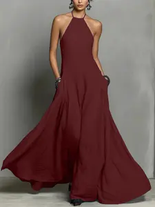 Summer New Cotton Linen Blend Simple Backless Halter Sleeveless Long Women Dress, Casual Elegant Chic Summer Fashion, Perfect for Daily Wear