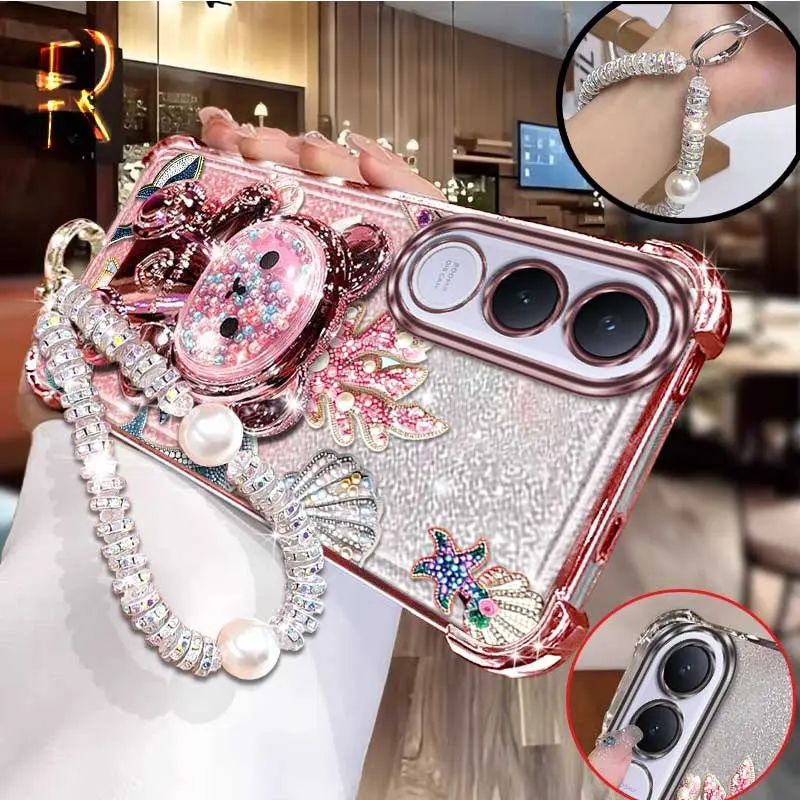 3pcs( Pink shellfish phone Case+Lanyard+Bear Stand) Protection Suitable For Vivo V70 Fe/V60/V50/V50 Lite/V60 Lite 5G/Y31/Y21d/Y100 (IDN)/Y400Pro/Y18 4G Comfortable feel Phone Case Cover Featuring Impact Resistant For Casual