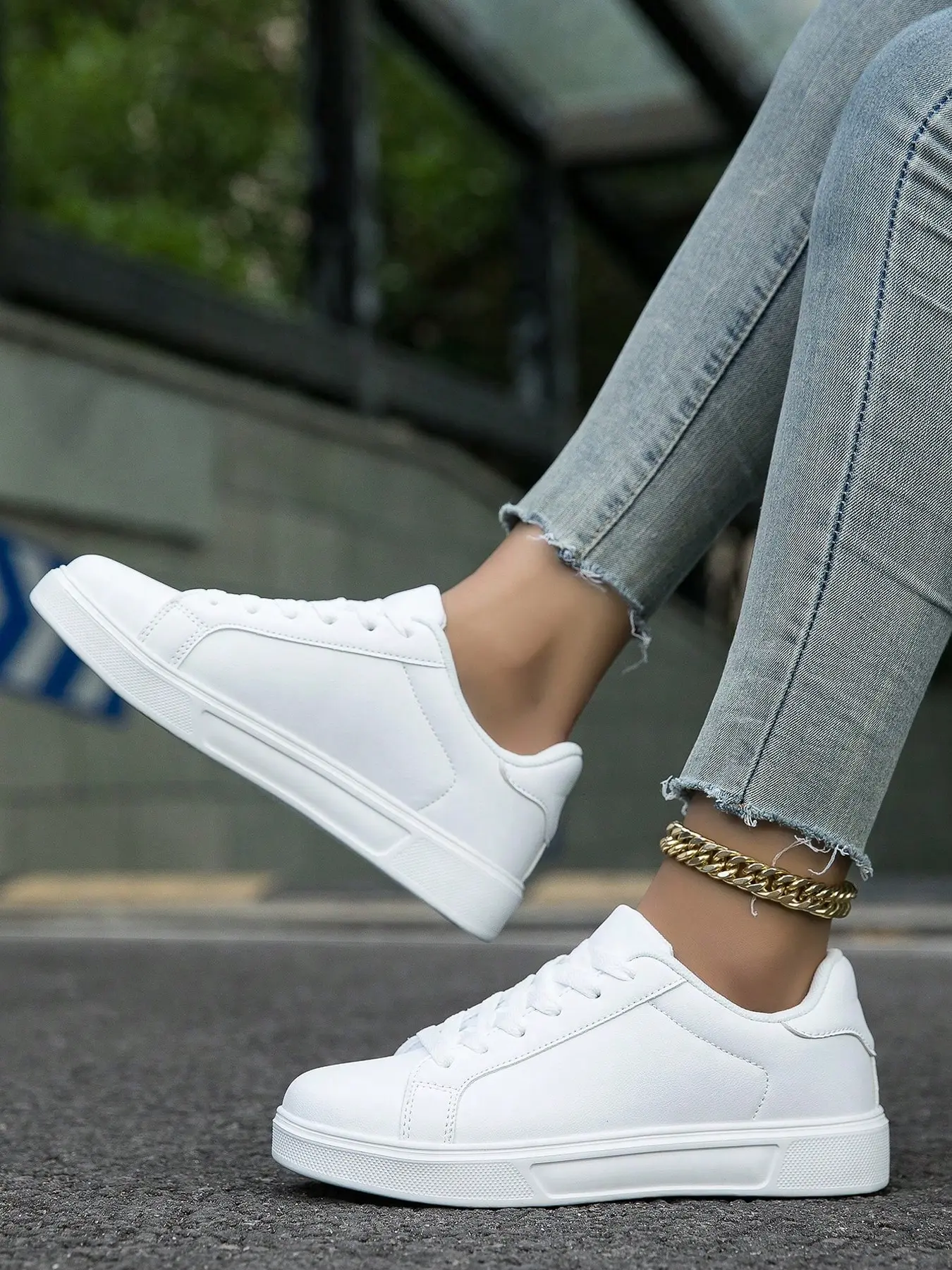Women/men All White Leather Platform Thick Sole Skate Sneakers, Lace Up Low Top Casual Walking Shoes, Trendy Streetwear Daily Matching White Sneakers, Chunky Casual Trainers
