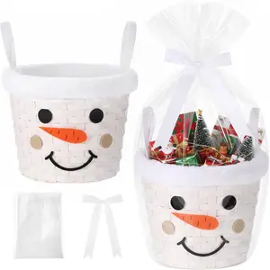 Winter Basket for Gifts Empty Snowman Woven  Basket with Bag and Bow Ribbon for Winter Storage  Snack Skep with Handle 9"x7"
