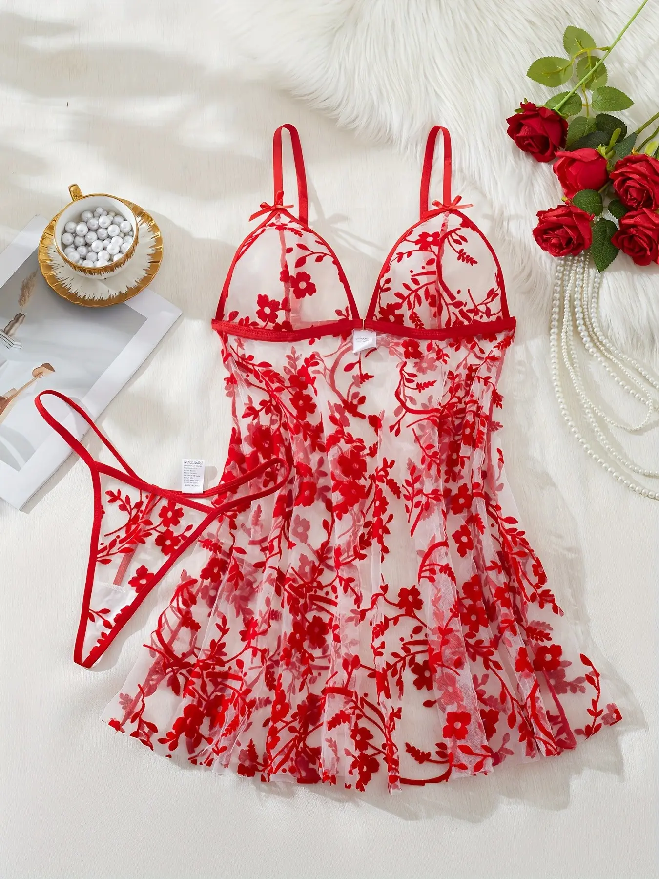 Women's Mesh Dress and Panties Set, Matching Lingerie, Sheer Design Floral Embroidery Pattern, Perfect for Adults, Ideal for Dates, Valentine's Day, Night Out, Parties