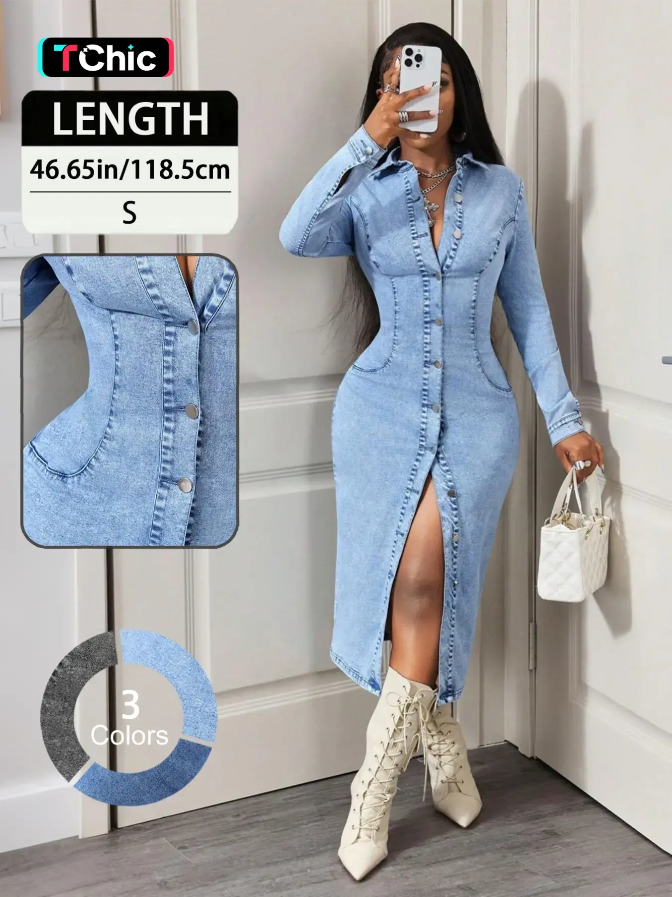 Elegant Summer Women's Dress, Slim-Fitting Long Sleeve Denim Dress, Casual Solid Color, Front Button Design, Daily Wear, Basic