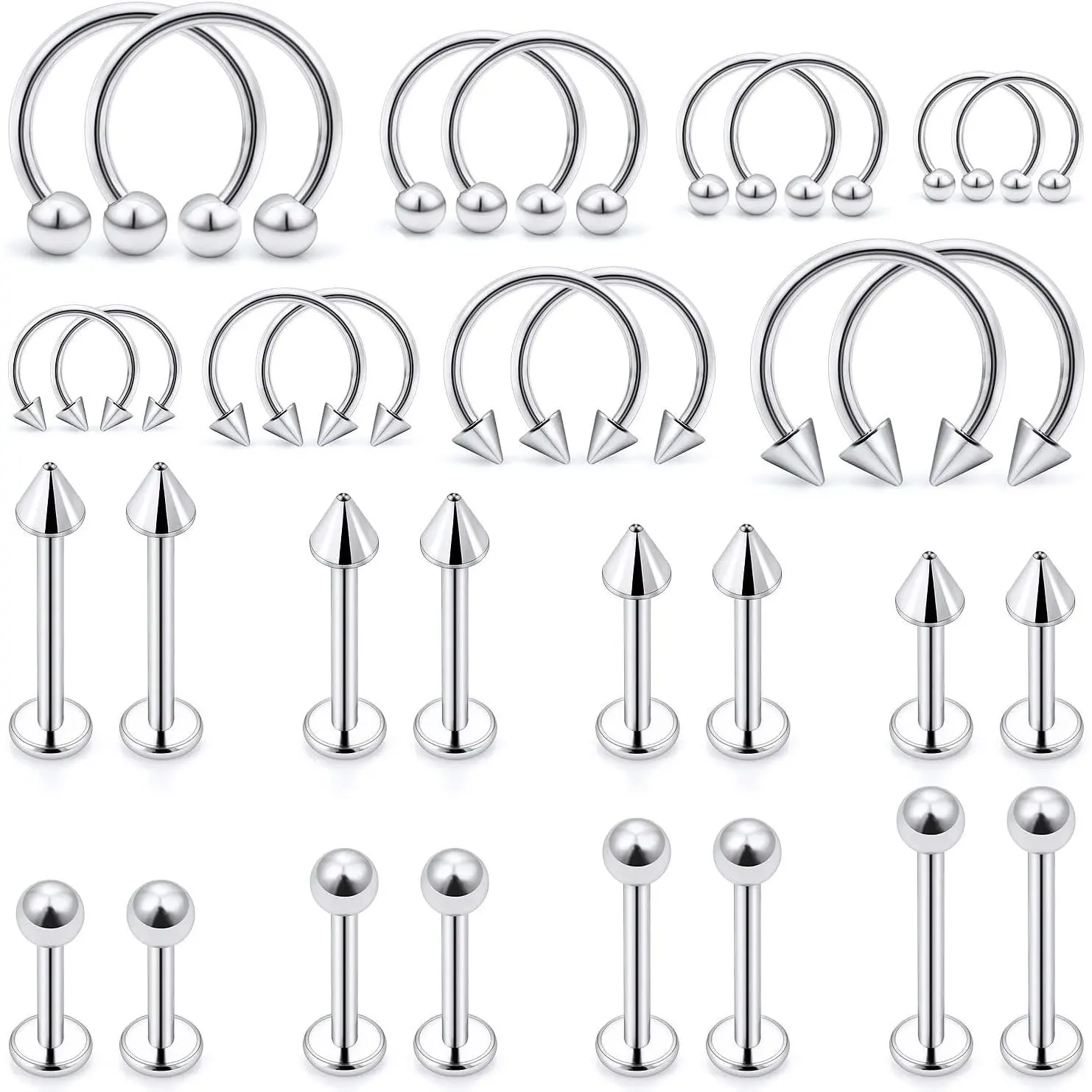 32PCS Lip Rings & Body Piercing Jewelry Set – Labret Monroe Snake Bite Rings, Helix Daith Tragus Cartilage Studs, Barbell Piercing Kit, Surgical Steel Piercing Jewelry for Women & Men