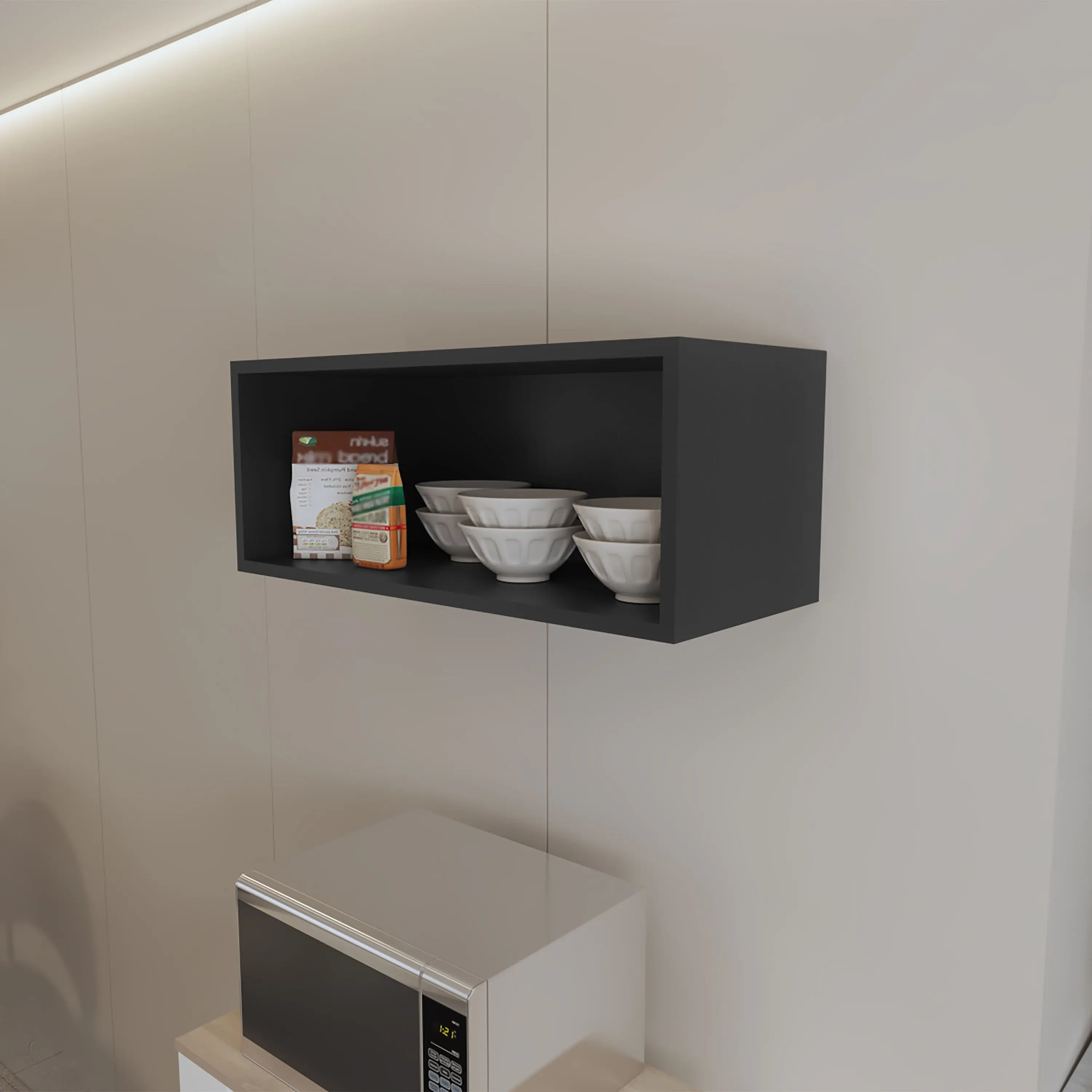 Nokaa Wall Mounted Kitchen Cabinet with Open Shelf, Melamine Storage for Spices Bowls Jars, Scratch Resistant, Black Finish, 30x12.5x12 Inch, Easy Assembly, Space Saving Organizer for Kitchen Dining Room