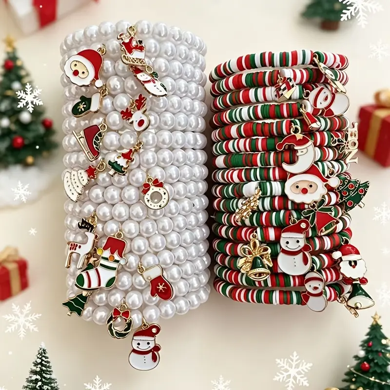 10/20Pcs Women' Bohemian Christmas Stretch Bracelets Suitable for Holiday Party Jewelry with Santa Elk Snowman Polymer Clay Charms & Faux, Mixed Hand Chain Pendants for Year-Round Wear