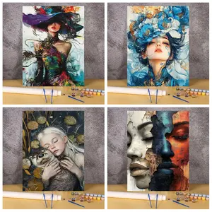 Abstract Elegant Lady Portrait Paint by Numbers Kit, Floral Girl Otter Twin Face Textured Canvas DIY Painting Set, Artistic Holiday Gift for Bedroom Wall Decor, Calming Handcraft Art for Fine Art Lovers & Adult Beginners