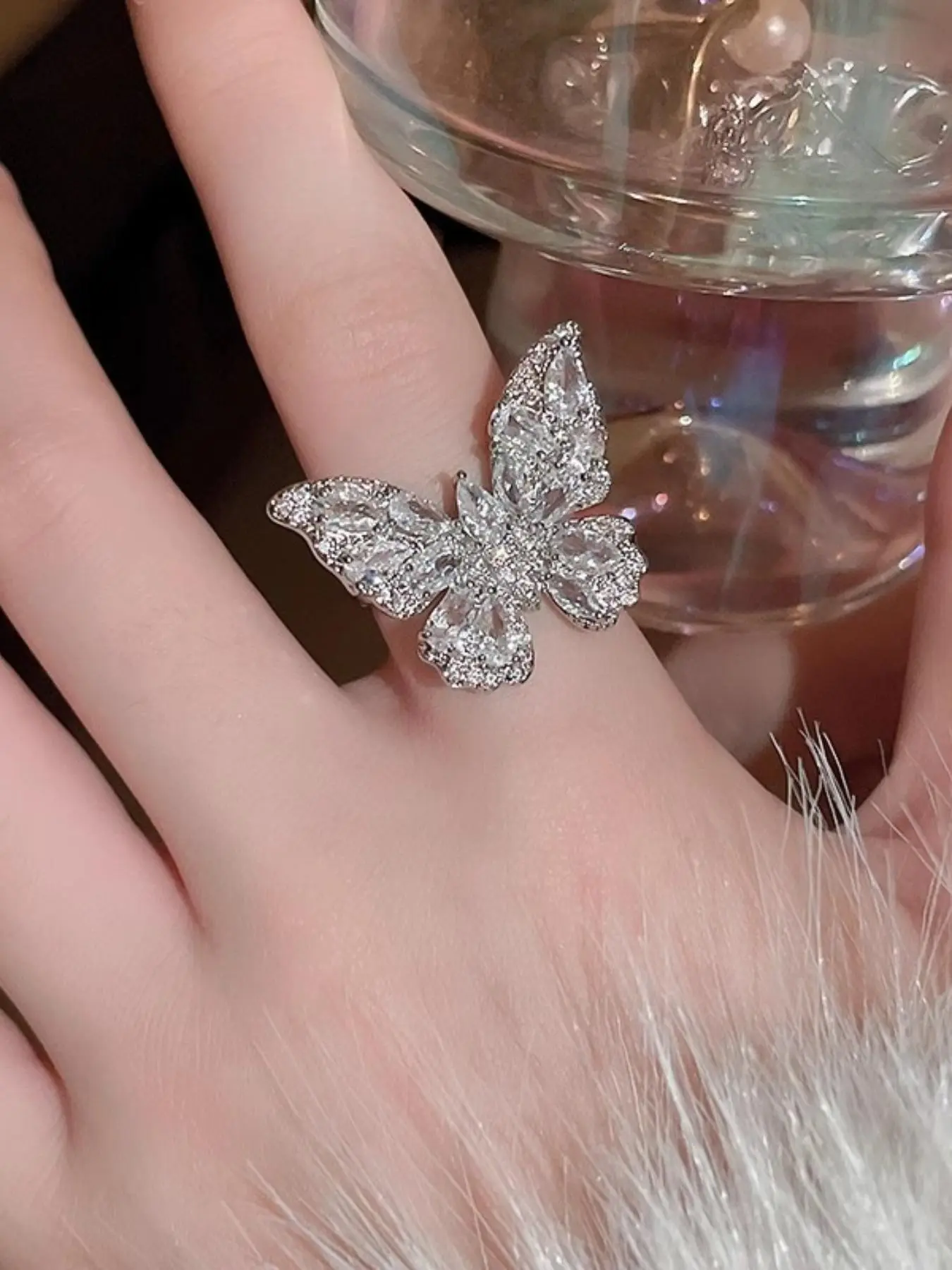 Trendy Cubic Zirconia Butterfly Ring, Adjustable Open Design, Fashionable Sweet Ladies' Party Jewelry, Unique Personality Gift