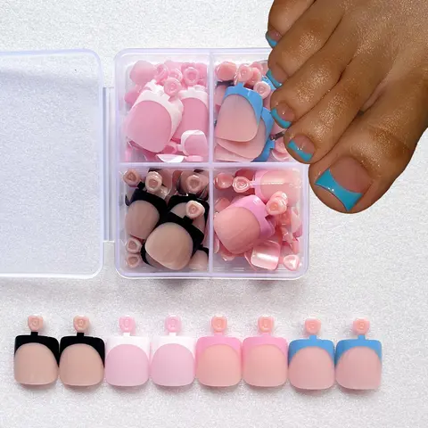 96 Pcs Black French-Tip & Pink Medium Square Full-Cover Press-On False Toenails, Glossy Reusable Salon-Quality Nail Art Nail Set for Women's Pedicure