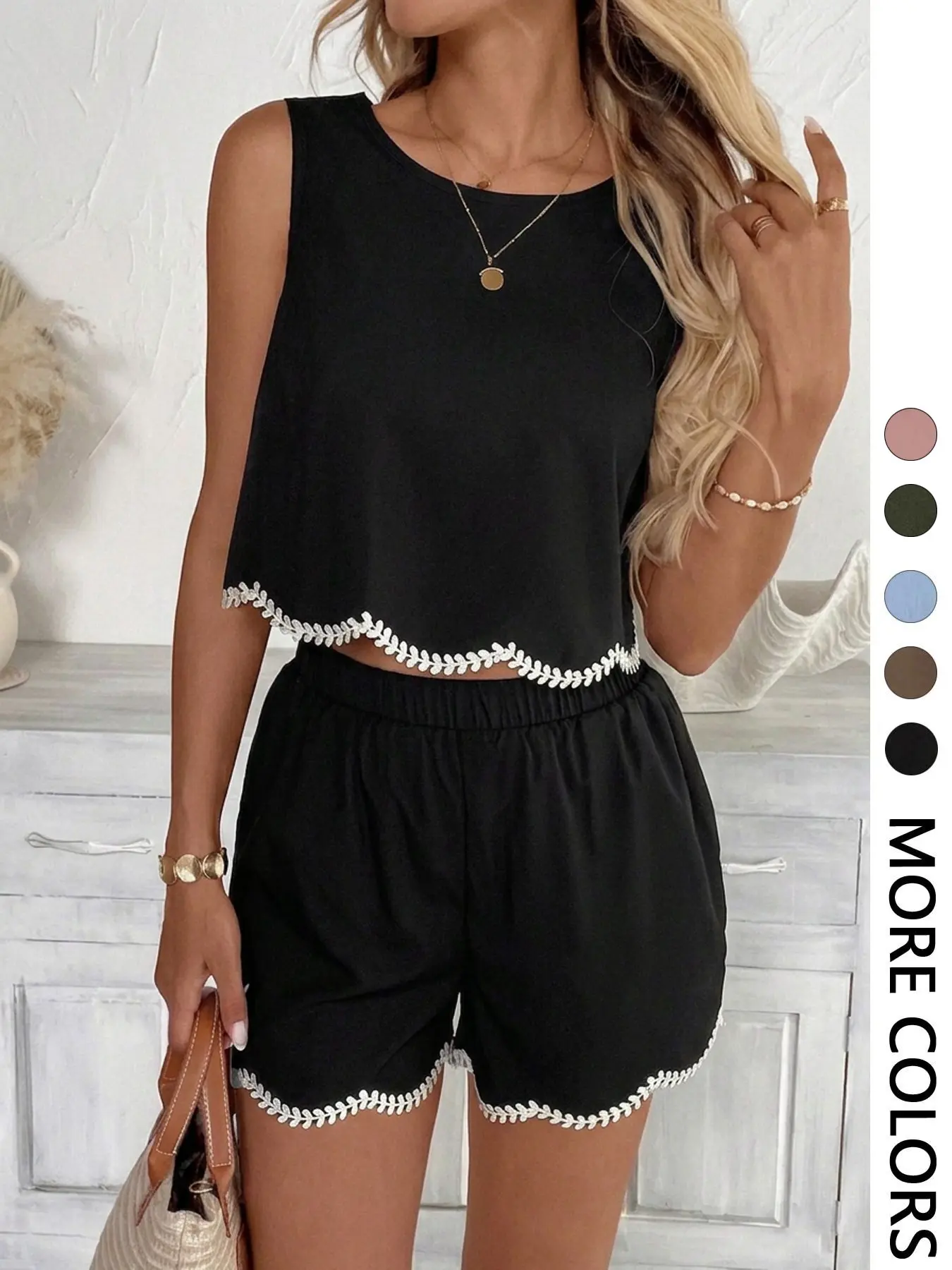 Women's Scallop Trim Embroidered Two-Piece Set Top, Suitable for Casual Going Out and Daily Wear, Island Vacation Beach Outfits, Sleeveless Summer Outfits for Women