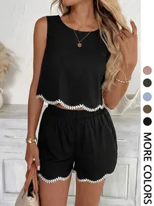 Women's Scallop Trim Embroidered Two-Piece Set, Suitable for Casual Going Out and Daily Wear, Island Vacation Outfits, Sleeveless Summer Outfits for Women