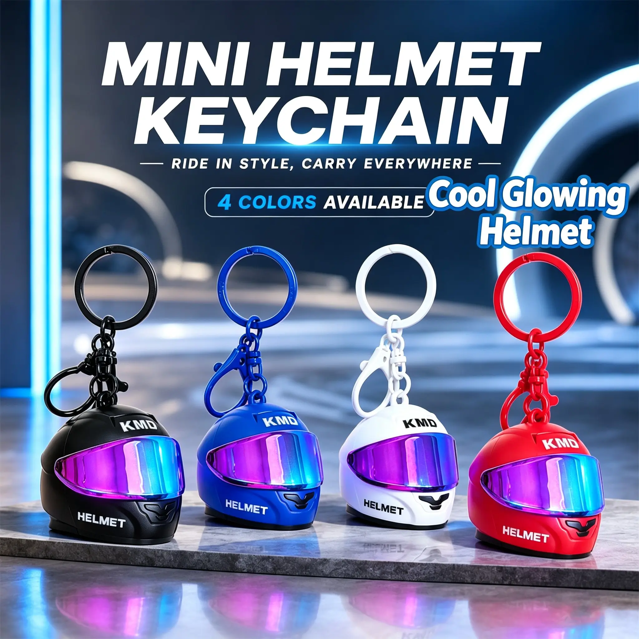 Mini LED Light Up Racing Helmet Keychain, 3D Motorcycle Helmet Bag Pendant, Trendy Decor Key Ring, Gift for Biker & Car Lover