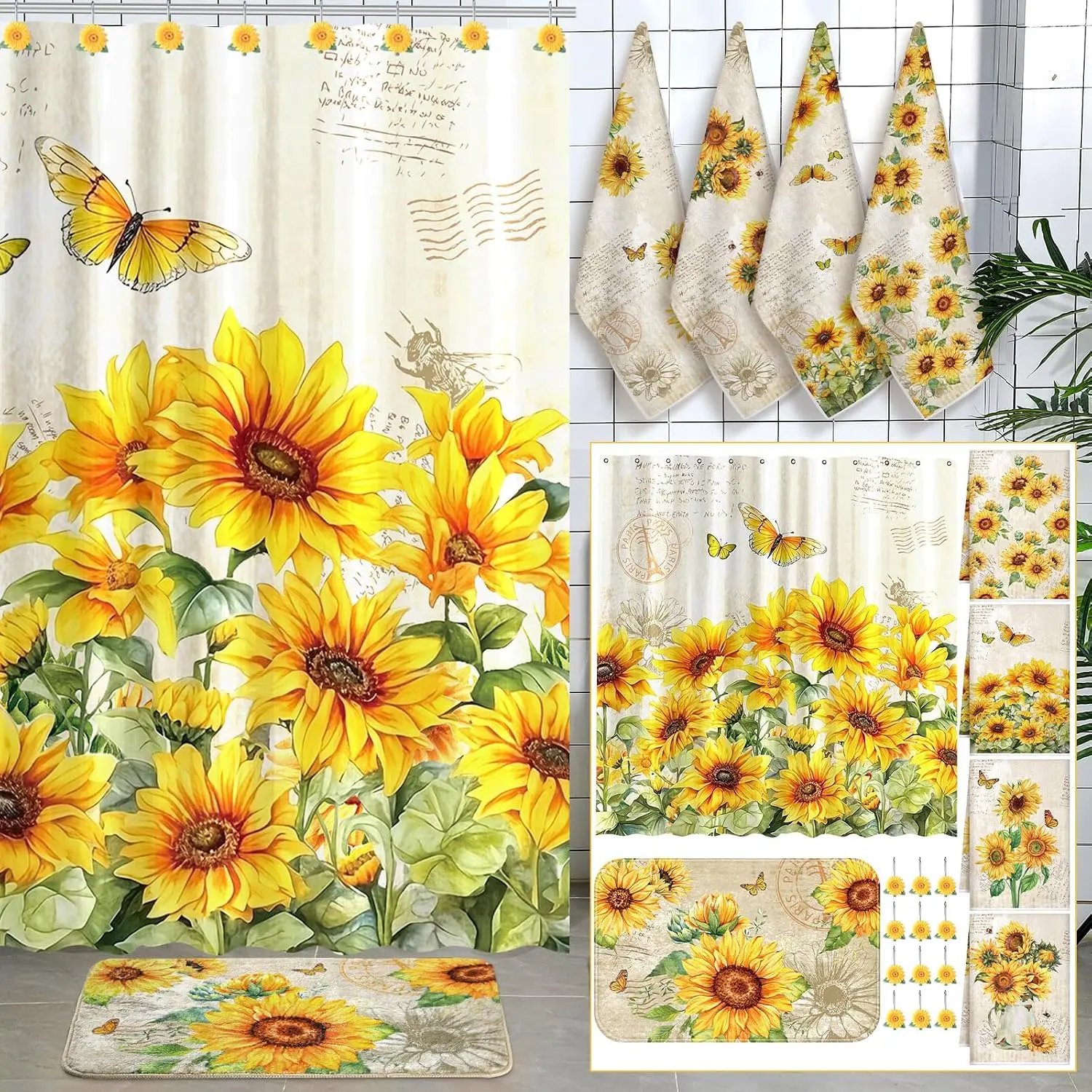 Fourluoo 18 Pcs Sunflower Shower Curtain Set Butterfly Bathroom Decor| Sunflower Bathroom Set, Yellow Flower Shower Curtain Sets with Rugs, Non-slip Rugs, Butterfly Towels and 12 Sunflower Hooks