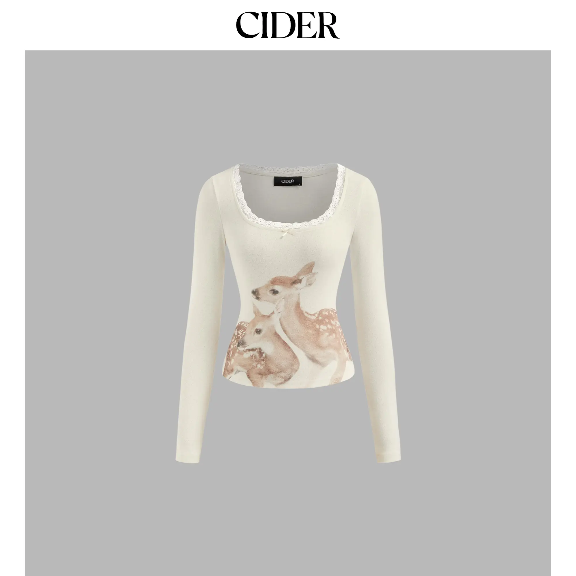 Cider Deer Graphic Scoop Neckline Long Sleeve Lace Trim Bowknot Tee SummerFinds