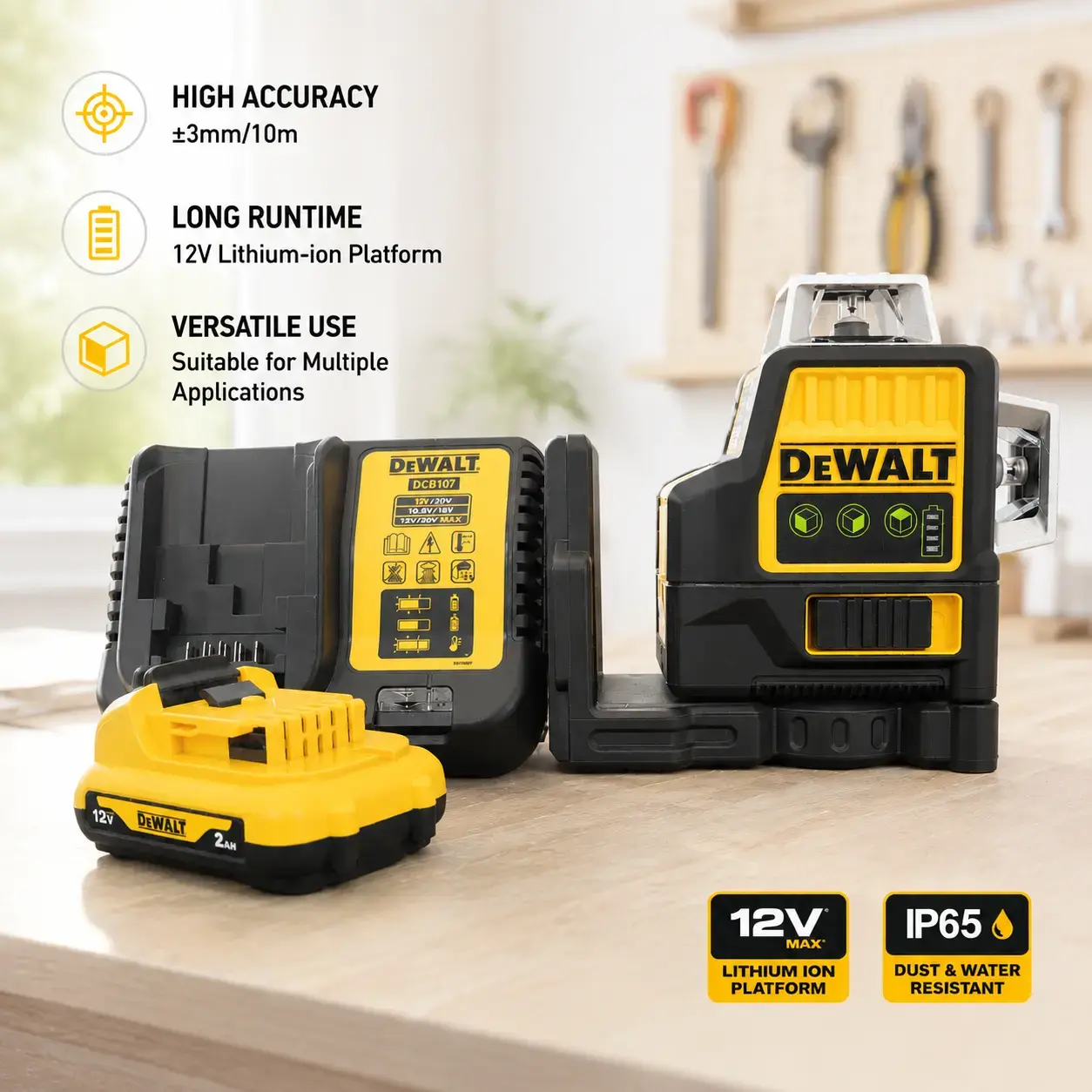 DEWALT DW089LG 12V Li-Ion Green Laser Level - 12 Lines, 360°, Cordless, Magnetic Base, for DIY & Outdoors, Metal Surfaces, Professional Hand Tool Accessory