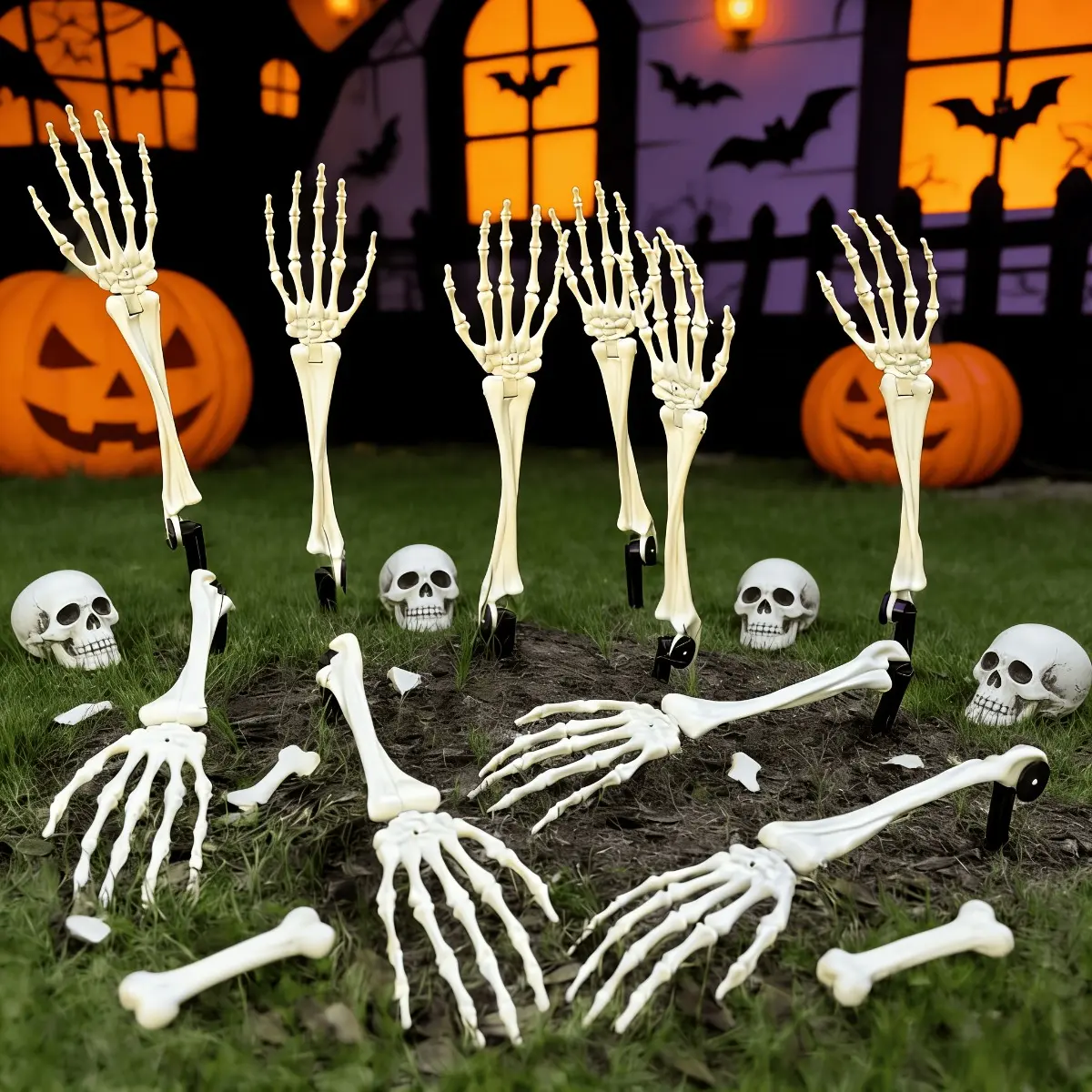 Premium Posable Halloween Skeleton Hands 2-Pack, Realistic Life-Size Plastic Skull Hands with Movable Joints, High-Quality Spooky Decor for Outdoor Garden, Lawn & Haunted House Scene Setters