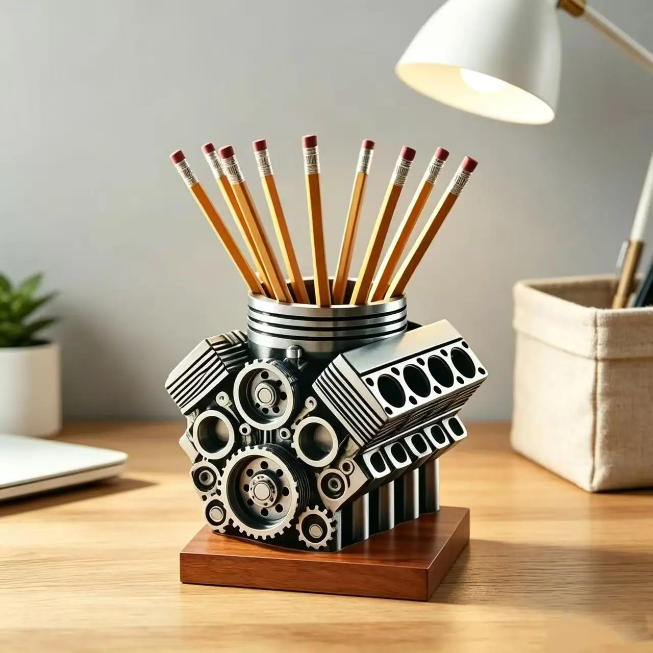 Engine Block Shaped Pen Holder, Vintage Car Engine Desk Organizer, Unique Resin Desktop Decor, Creative Gift for Car Enthusiasts
