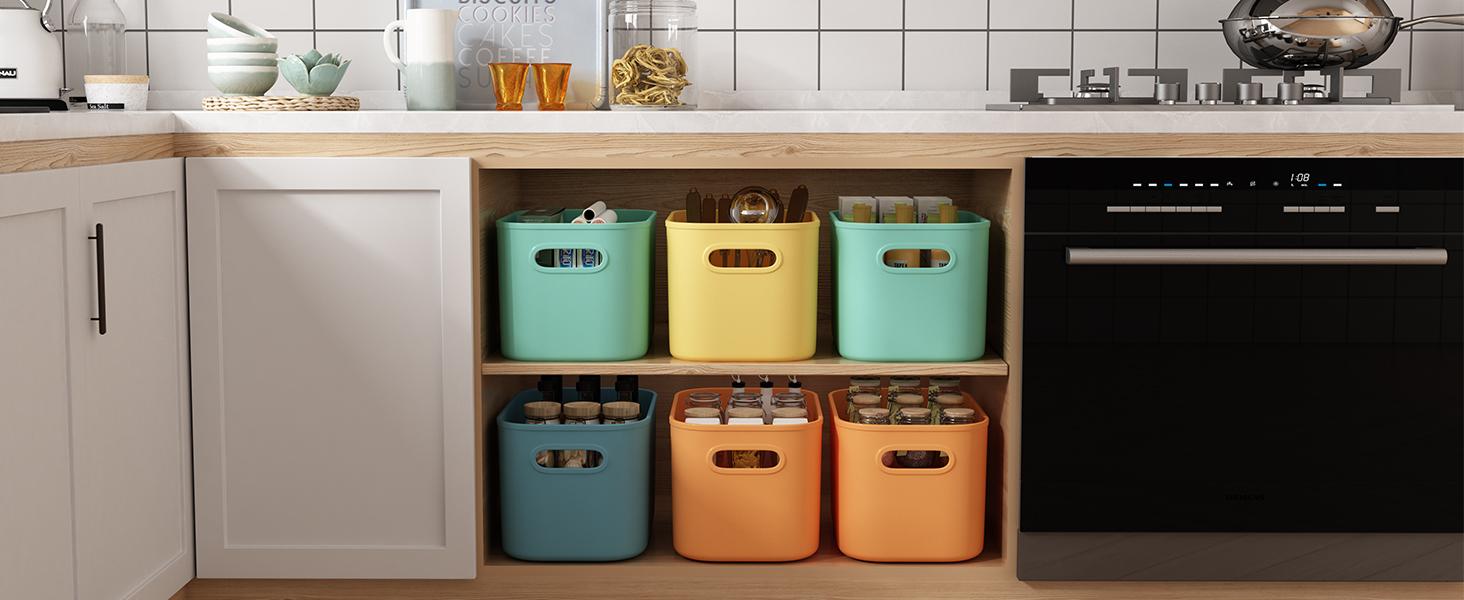 PLL 8 Pack Colorful Storage Bins with Lids Stackable Storage Container for Organizing, Storage Boxes with Handle for Shelves, Cute Storage Bin for Craft, Snacks, 9.85x6.9x5.7 inch