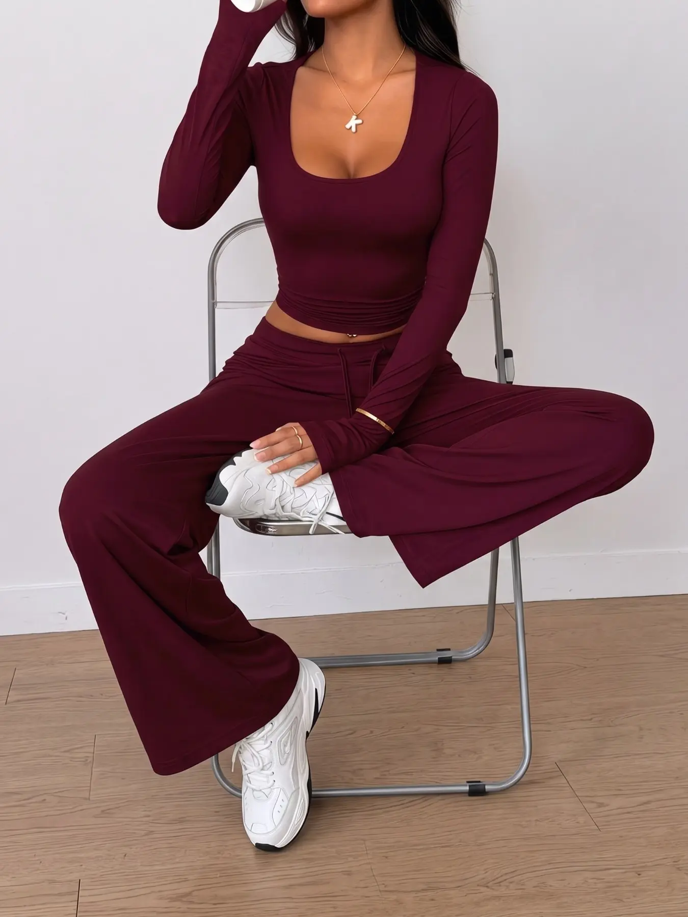 Burgundy Flare Pants Set Women Long Sleeve Crop Top Wide Leg Pants Two Piece Outfit Slim Fit Lounge Wear Casual Streetwear Y2K Going Out Workout Yoga Travel Fashion Matching Set Soft Stretch Comfy Co Ord Tracksuit Clothes