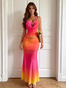 Women Halter Floral Mesh Double Layer Dress with Metal Details, Slim Fit Bodycon Bohemian Maxi Dress with Adjustable Strap for Summer Casual Wear, Perfect for Daily Dates, Gatherings, Beach Vacations & Parties