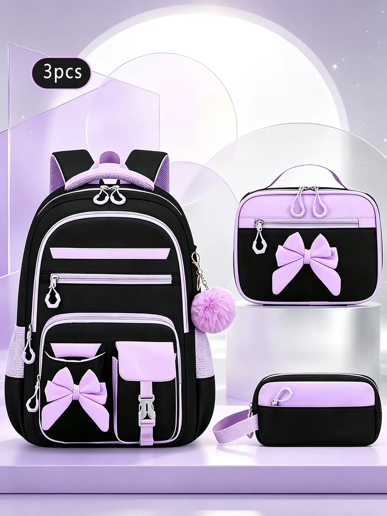 3pcsBlackLavender Color Block Backpack Three-Piece Set, School Backpack Set, Multi-Layer Zipper Compartments Matching Bow Decor Fluffy Pom Pom Charm Handheld Lunch Bag Stationery Pouch Large Capacity for Campus Study Short Weekend Trip Casual Daily Outing